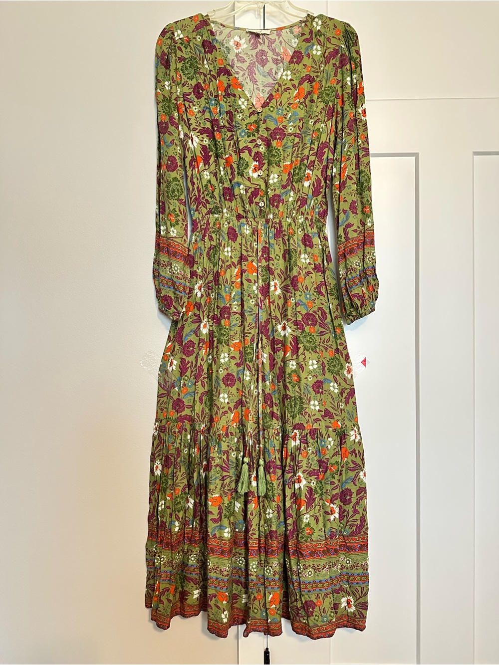 easel Olive Green Floral Maxi Dress with Multicolor Print size S